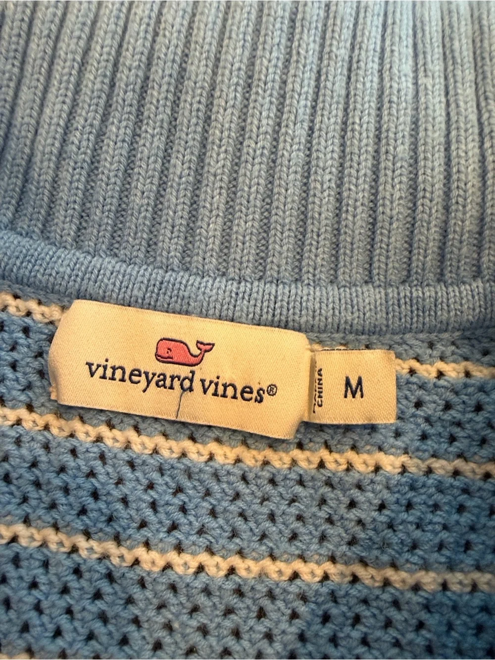 vineyard vines Stripe Short Sleeve Crochet Polo Sweater in Blue Medium - C51-016
